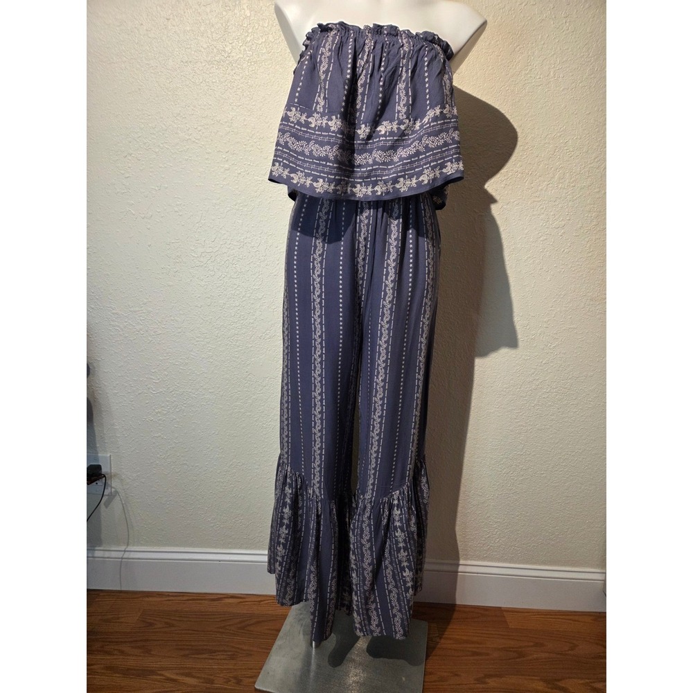 Japna‎ Womens Blue Floral Print Strapless Smocked Ruffle Wide Leg Jumpsuit Small